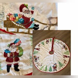 Cynthia Rowley Beaded Tree Skirt Santa Reindeer Trees White Red Fringe 48”